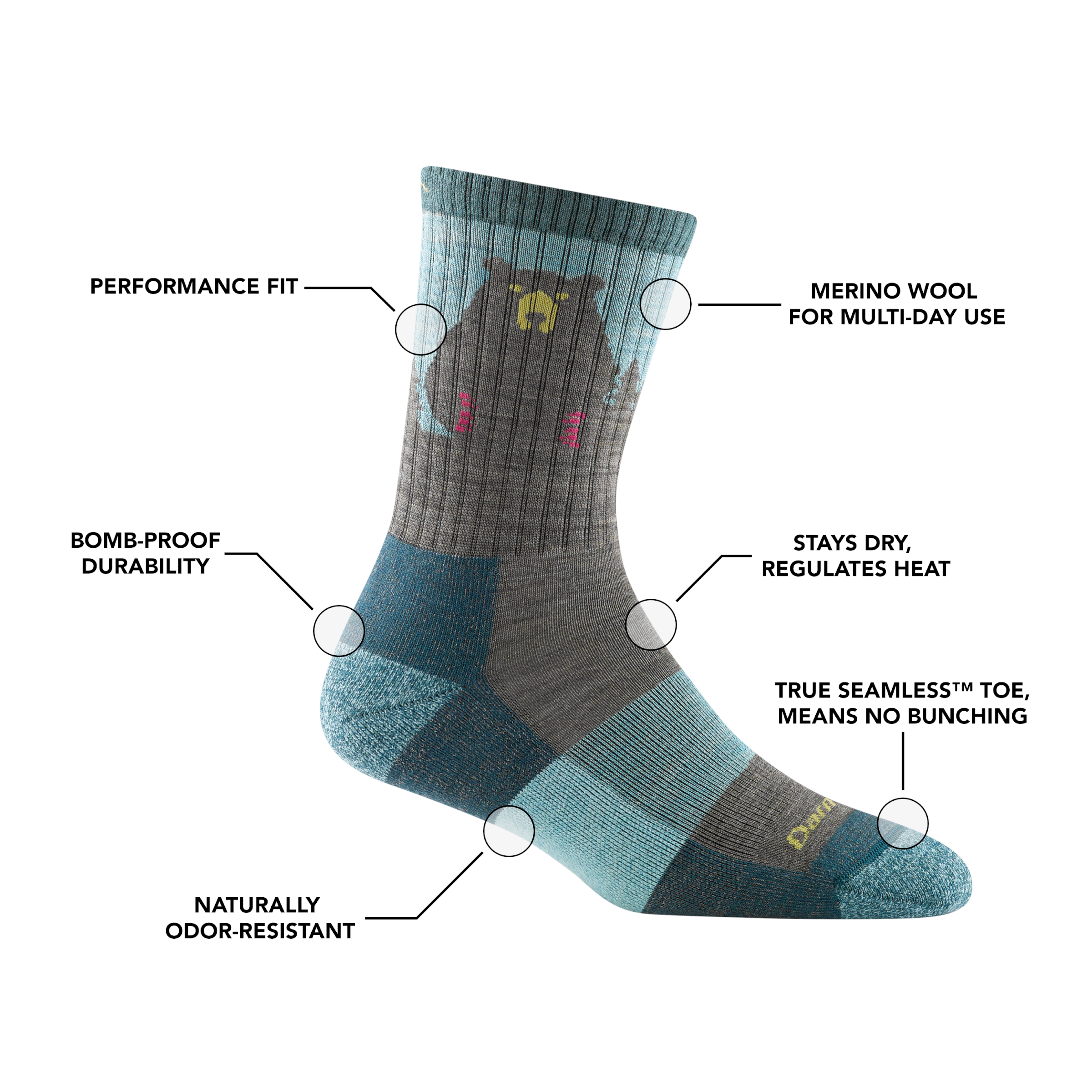 Darn Tough Bear Town Micro Crew hiking socks with cushioning, Quartz