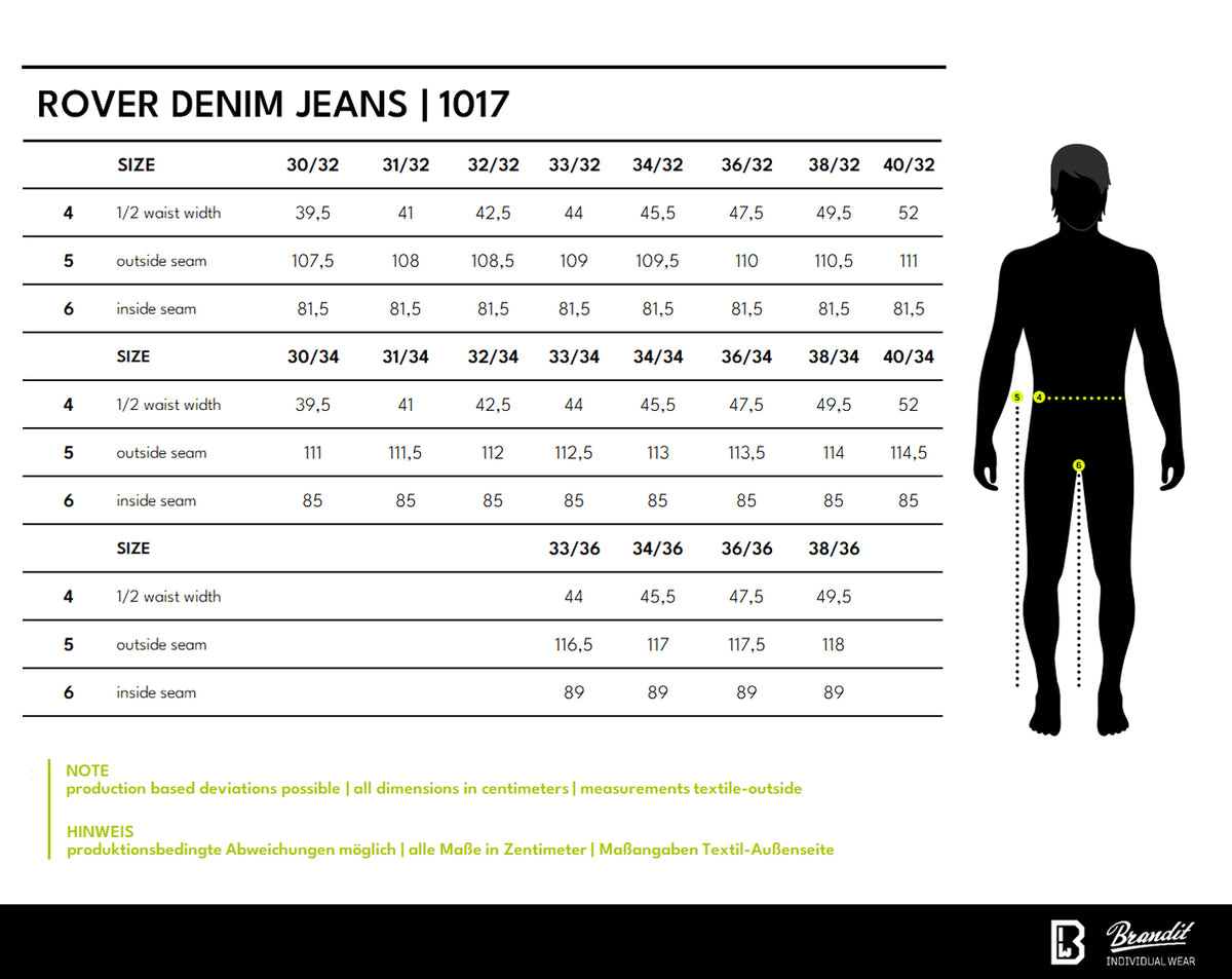Veľkostná tabuľka Rover Denim Jeans
