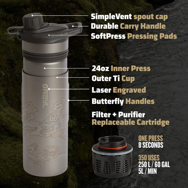 GRAYL Titan GeoPress™ Filterflasche Luftreiniger + Kochdeckel, Olive Drab