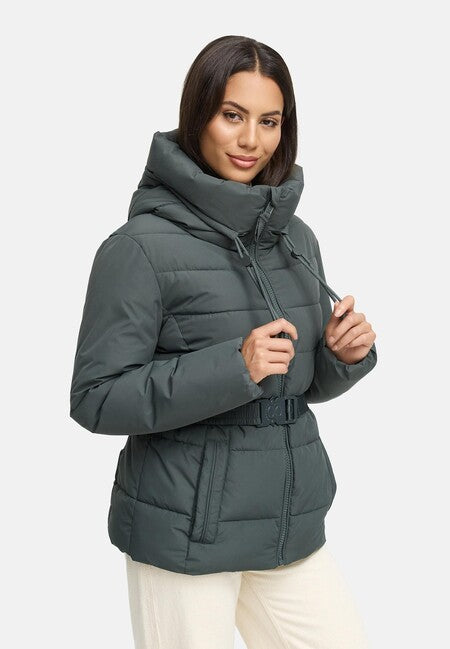 Marikoo HIMEE 16 damen Winterjacke mit hohem Kragen und Gürtel, stone green