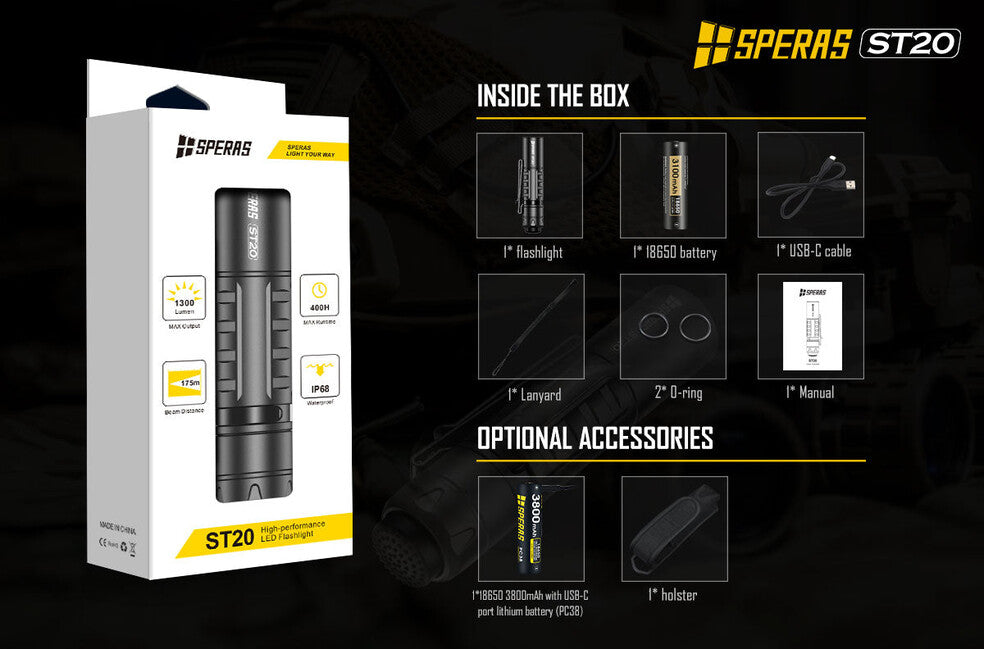 Speras ST20 Small Tactical Flashlight (B) 1300LM