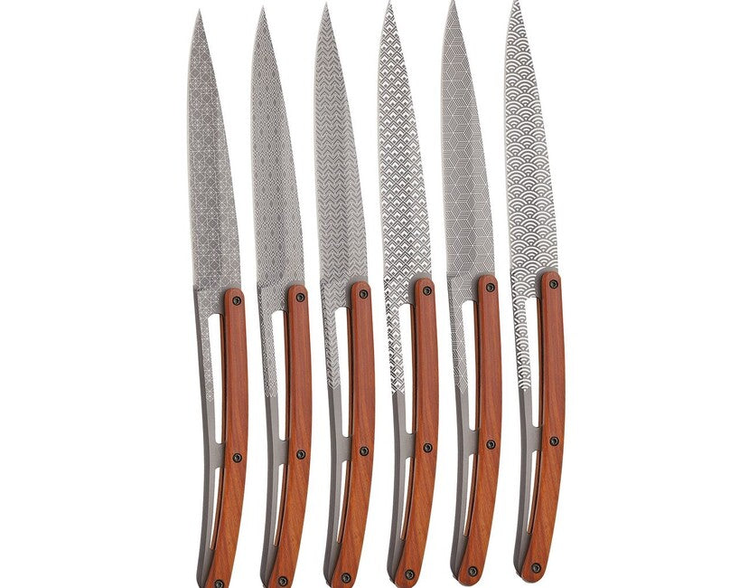 Deejo Klappmesser Tattoo-Set aus Steakmessern, matte Oberfläche, Korallenholz-Design, Geometrie