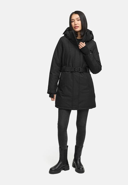 Navahoo FROSTKUSS 14 damen Winterparka mit abnehmbarer Kapuze und Gürtel, schwarz