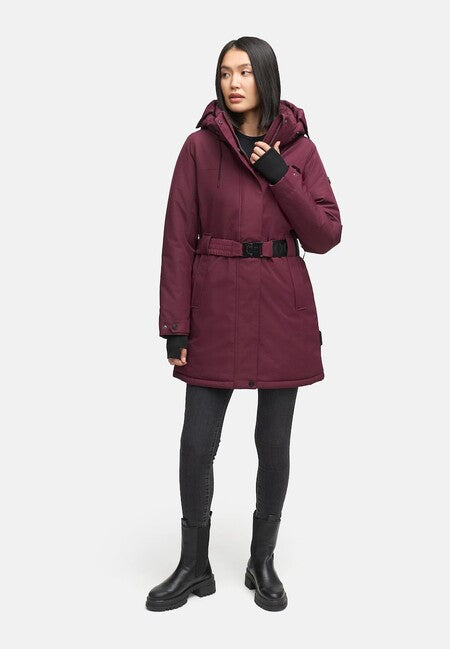 Navahoo FROSTKUSS 14 damen Winterparka mit abnehmbarer Kapuze und Gürtel, wine