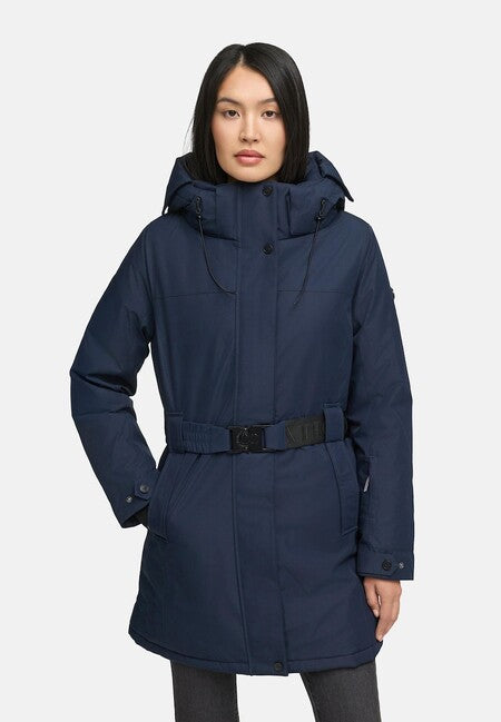 Navahoo FROSTKUSS 14 damen Winterparka mit abnehmbarer Kapuze und Gürtel, navy