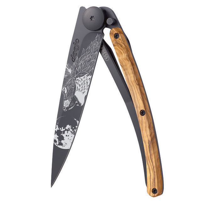 Deejo Howling schließmesser, schwarzes tattoo, olive wood