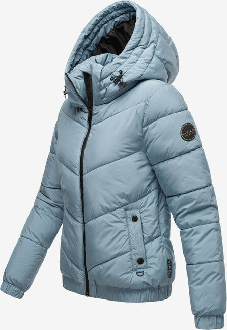 Marikoo Nayanaa damen kurze winterjacke mit kapuze, pulverblau