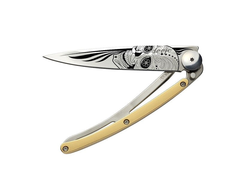 Deejo Klappmesser GOLD Tattoo Gelbgold Latino Skull