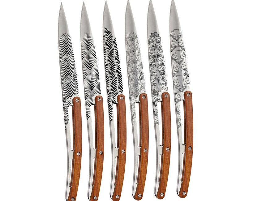 Deejo Tattoo-Set aus steakmessern, glänzende oberfläche korallenholz-design, art déco