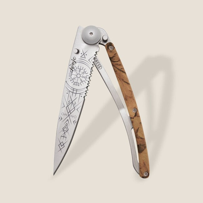 Deejo Tattoo Serration Klappmesser brown camo Viking Vegvisir