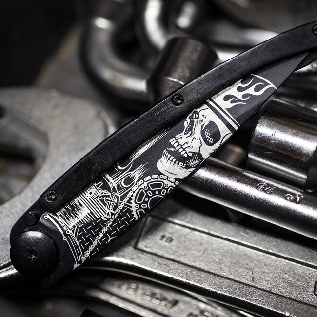 Deejo Klappmesser Black Tattoo Biker Ebenholz Ride or Die