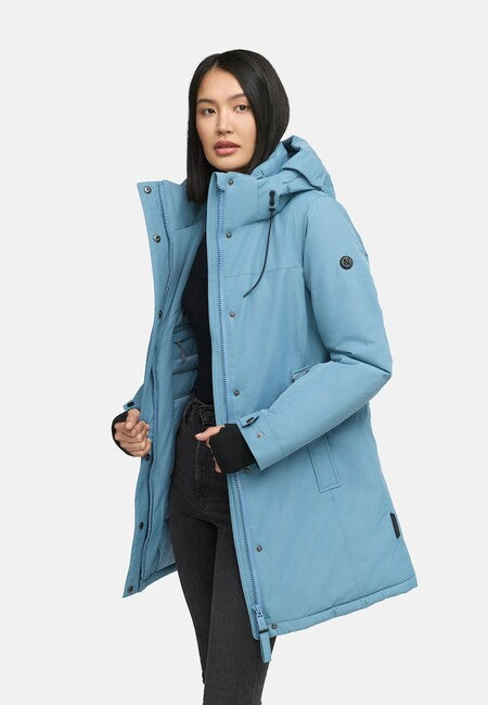 Navahoo FROSTKUSS 14 damen Winterparka mit abnehmbarer Kapuze und Gürtel, powder blue