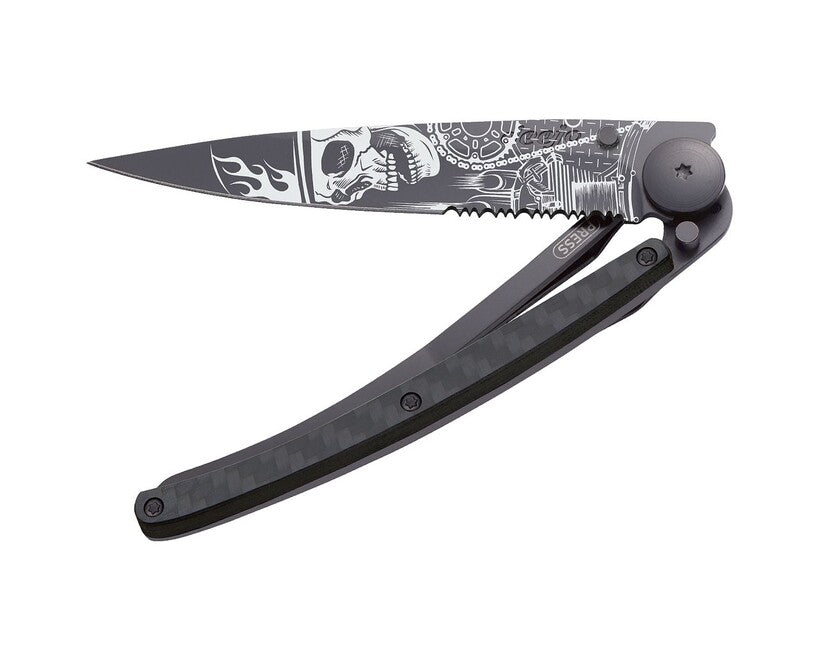 Deejo Tattoo Serration Schließmesser Carbon Ride or Die