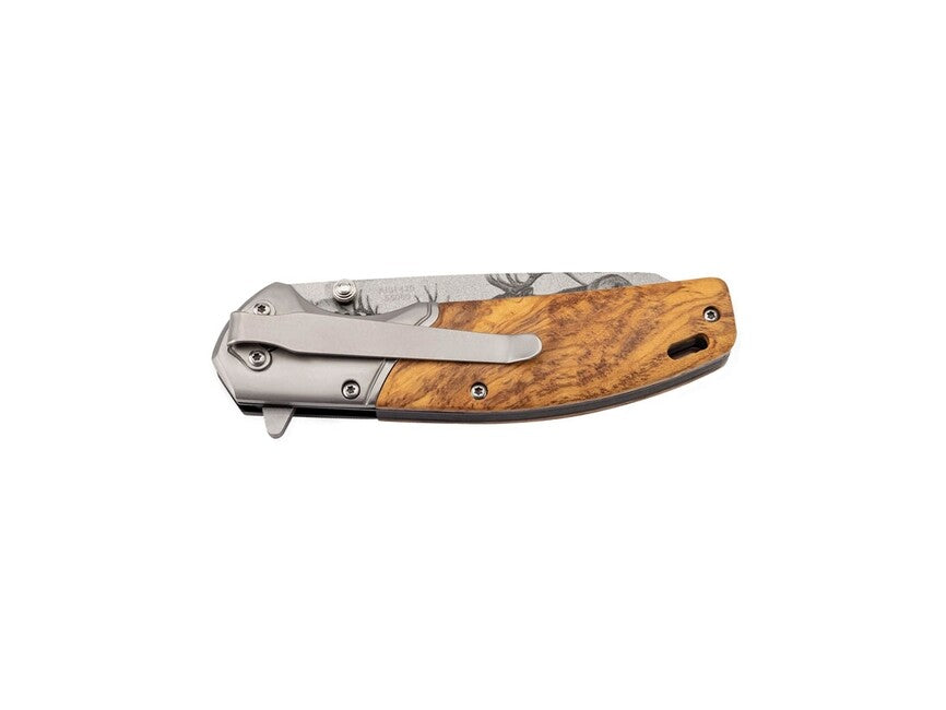 Herbertz Einhandtaschenmesser 9cm, olivenholz, hirschmotiv auf der klinge