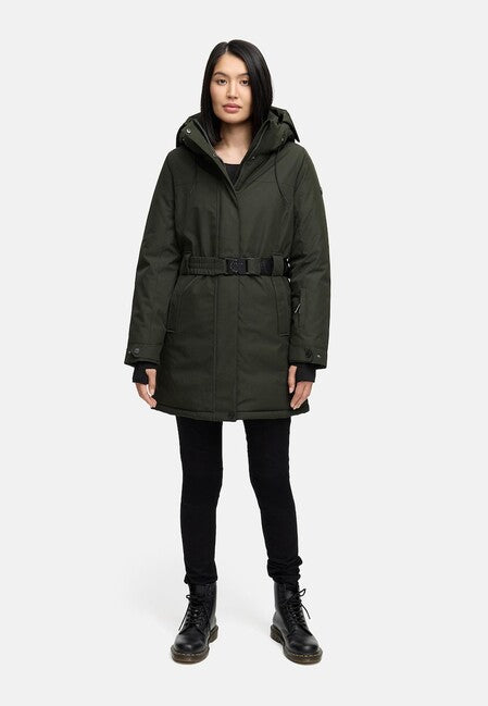 Navahoo FROSTKUSS 14 damen Winterparka mit abnehmbarer Kapuze und Gürtel, dark olive