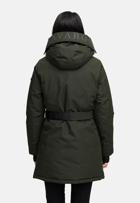 Navahoo FROSTKUSS 14 damen Winterparka mit abnehmbarer Kapuze und Gürtel, dark olive
