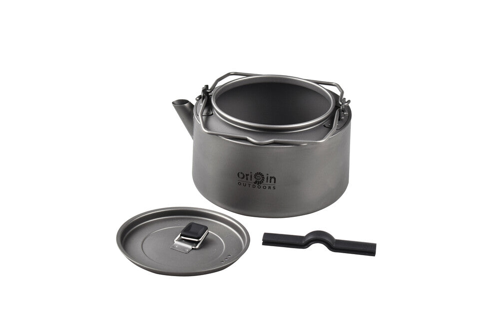 Origin Outdoors Camping Titanium Tee/Kaffee-Wasserkocher mit Silikongriffen und Sieb 1,2 L