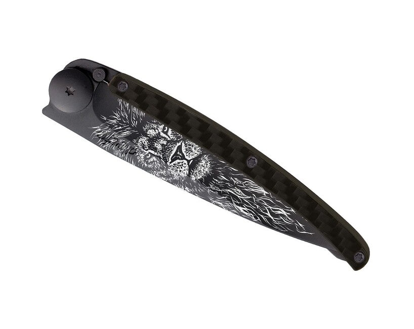 Deejo Tattoo Black Carbon Folding Knife Lion