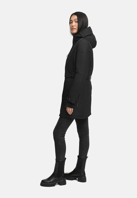 Navahoo FROSTKUSS 14 damen Winterparka mit abnehmbarer Kapuze und Gürtel, schwarz