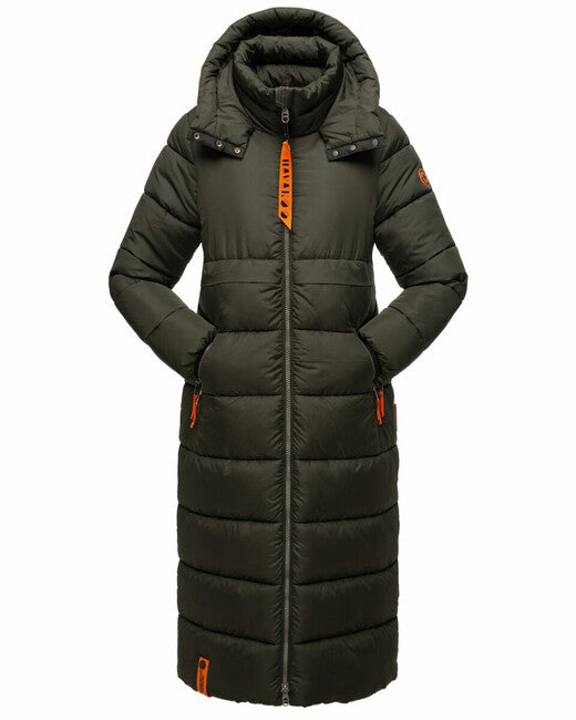 Navahoo Kristallblume damen lange Winterjacke mit Kapuze dunkeloliv