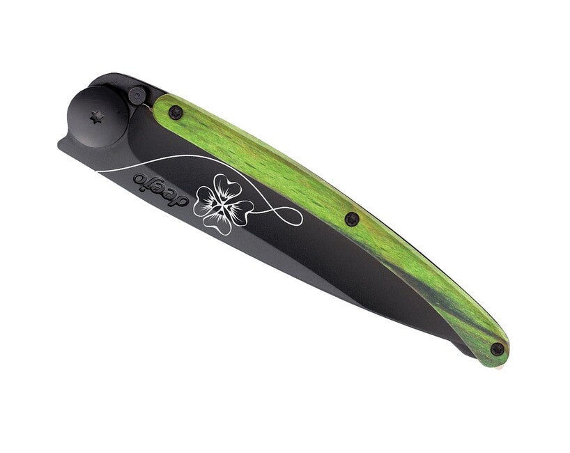 Deejo Tattoo Folding Knife, Black, Green Beech, Lucky Charm