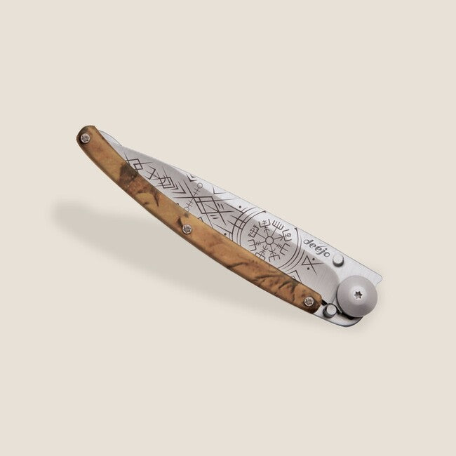 Deejo Tattoo Serration Klappmesser brown camo Viking Vegvisir