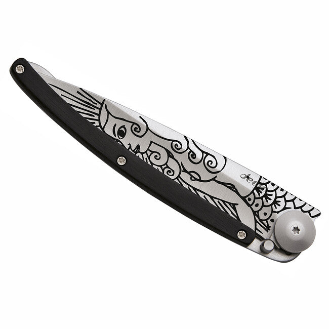 Deejo Tattoo Folding Knife, Ebony Wood, Mermaid
