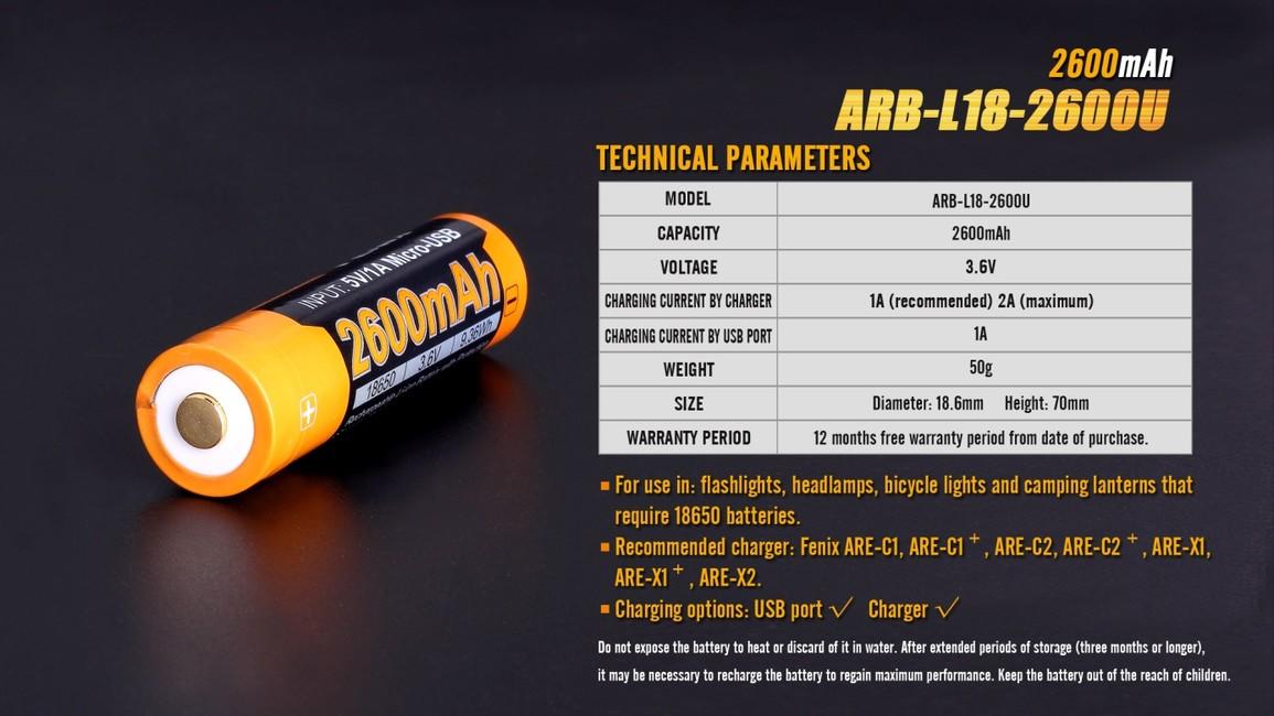 Fenix 18650 akku, 2600 mAh, li-ion