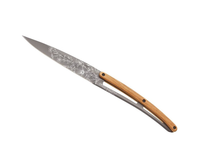 Deejo Tattoo Klappmesser Steakmesserset graues Titan Olivenholz Blossom