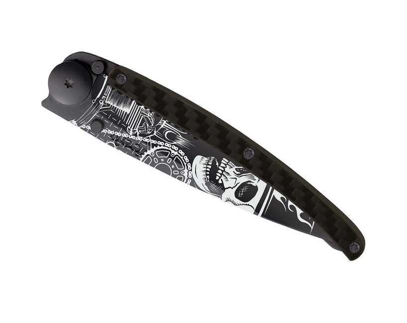 Deejo Tattoo Serration Schließmesser Carbon Ride or Die