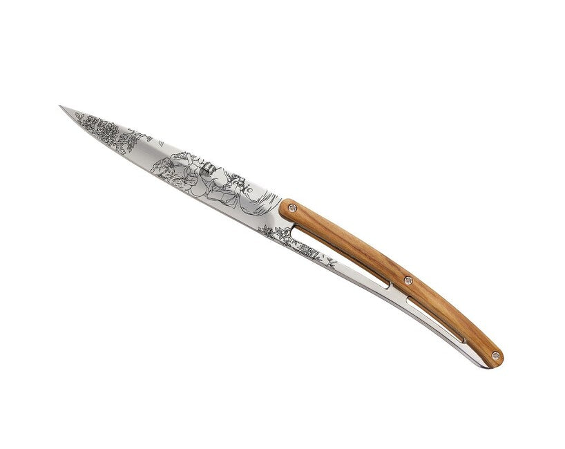 Deejo Klappmesser Tattoo Set Steakmesser glänzende Oberfläche Olivenholz Toile de Jouy