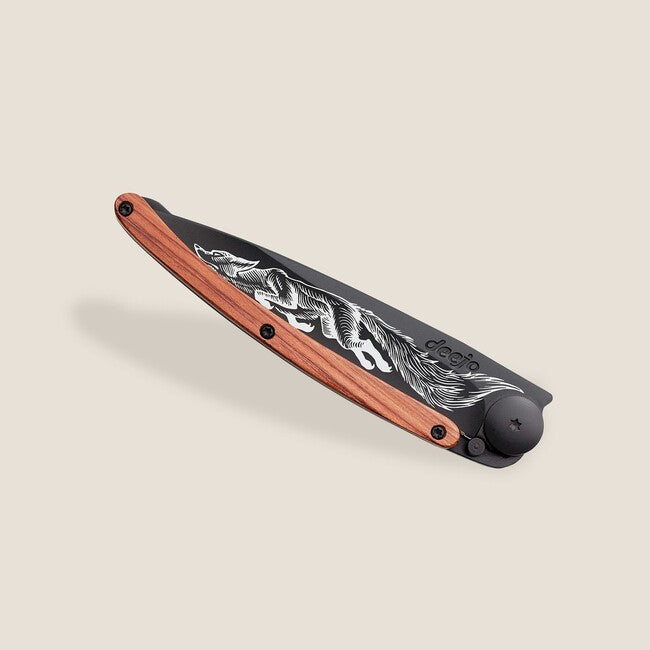 Deejo Tattoo Schließmesser Black Coralwood Fox