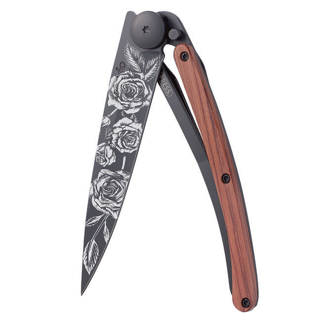 Deejo Schließmesser Black Tattoo Schwarze Tattoo-Korallenholz-Rosen