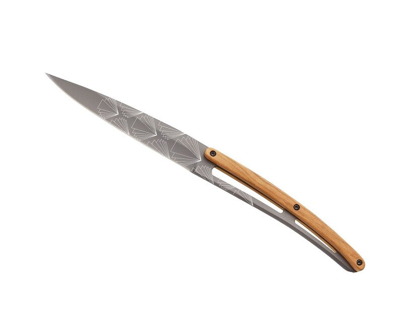 Deejo Tattoo Klappmesser steakmesser-set aus hellem titan, olivenholz, art-déco-design