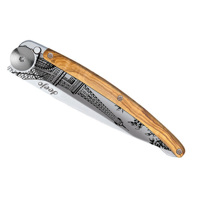 Deejo Tattoo Mirror schließmesser, olive wood eiffel tower