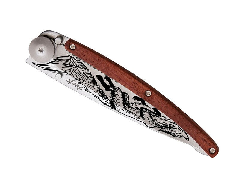 Deejo Tattoo Serration Schließmesser Coralwood Fox