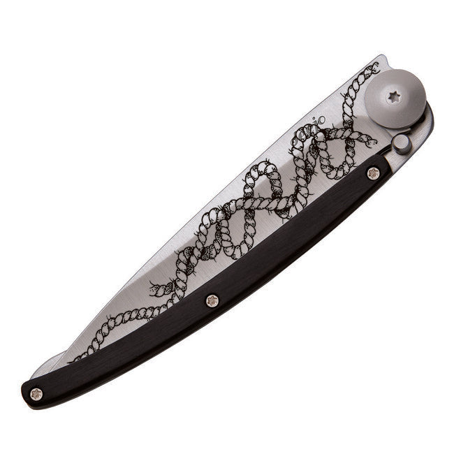 Deejo Tattoo Folding Knife, Ebony Wood, Rope