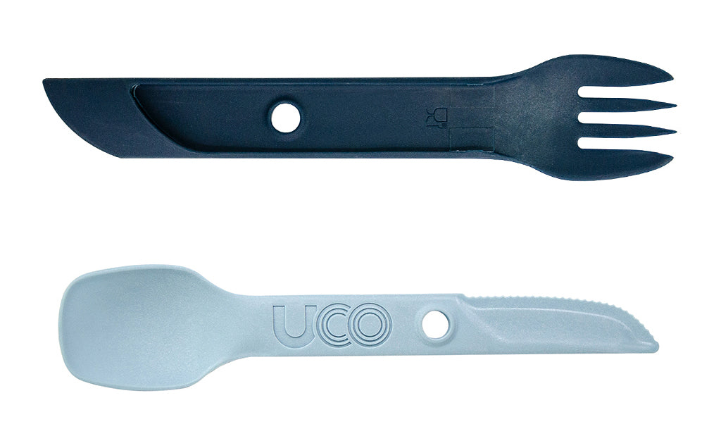 UCO Switch Expandierbares Nylon-Besteck mit Schlaufe zur Befestigung und Spork-Gabelhalter steinblau