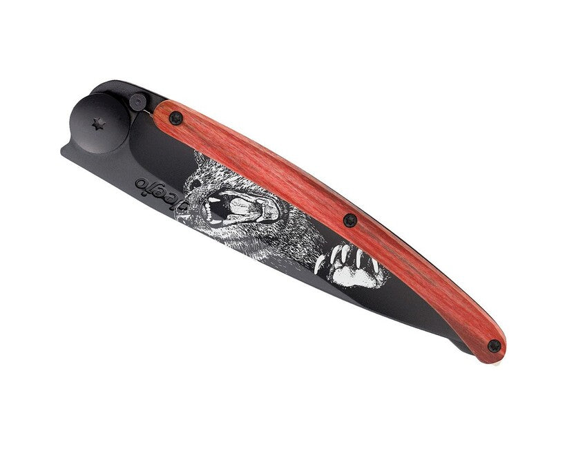 Deejo Tattoo Schließmesser, black red beech grizzly