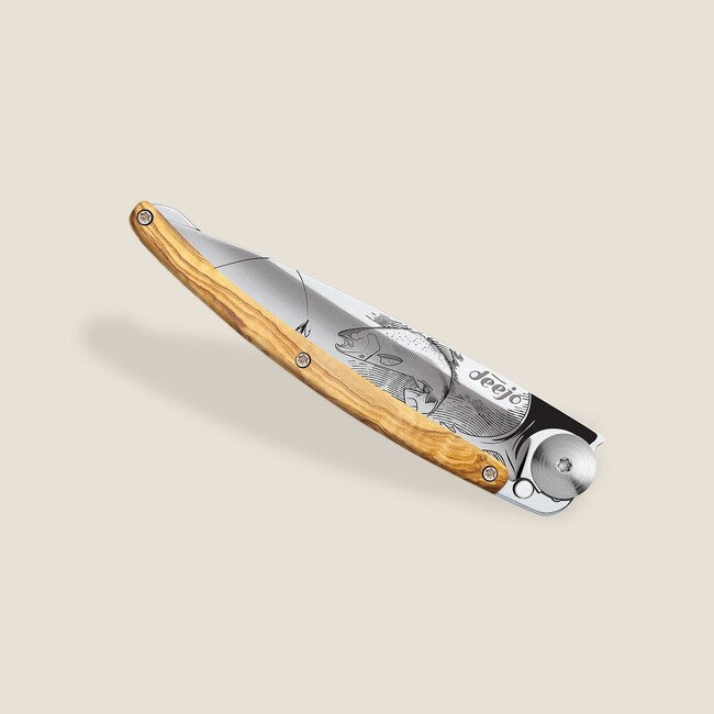 Deejo Tattoo Mirror Schließmesser olive wood Trout
