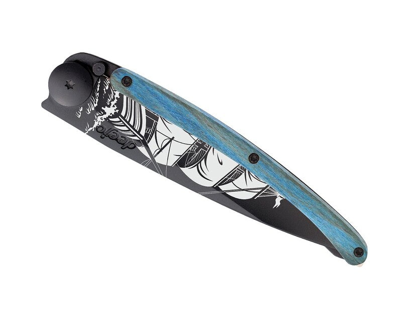 Deejo Klappmesser Tattoo Schwarz Blau Buche Corsair