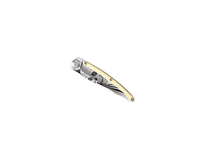 Deejo Klappmesser GOLD Tattoo Gelbgold Latino Skull