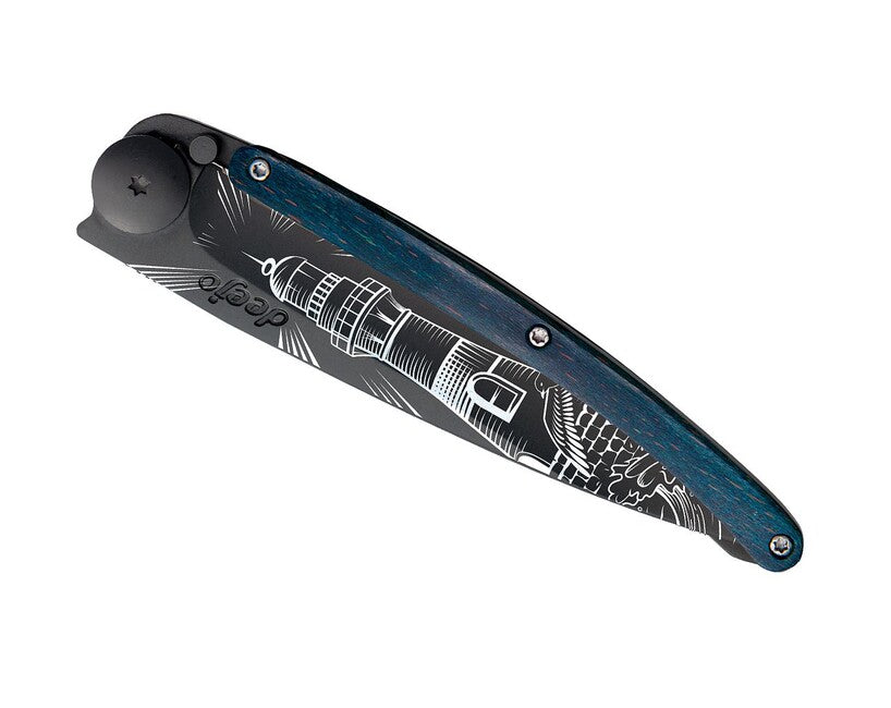 Deejo Tattoo klappmesser Black Blue Buche, leuchtturm