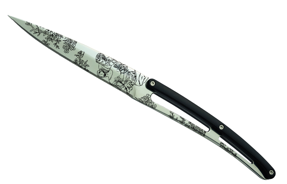 Deejo Set mit 6 steakmessern glänzende klinge gezahnter griff schwarzes abs-design, toile de jouy
