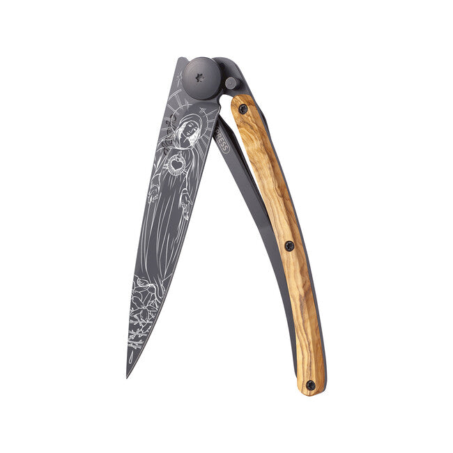 Deejo Tattoo Folding Knife Black Olive Wood Virgo