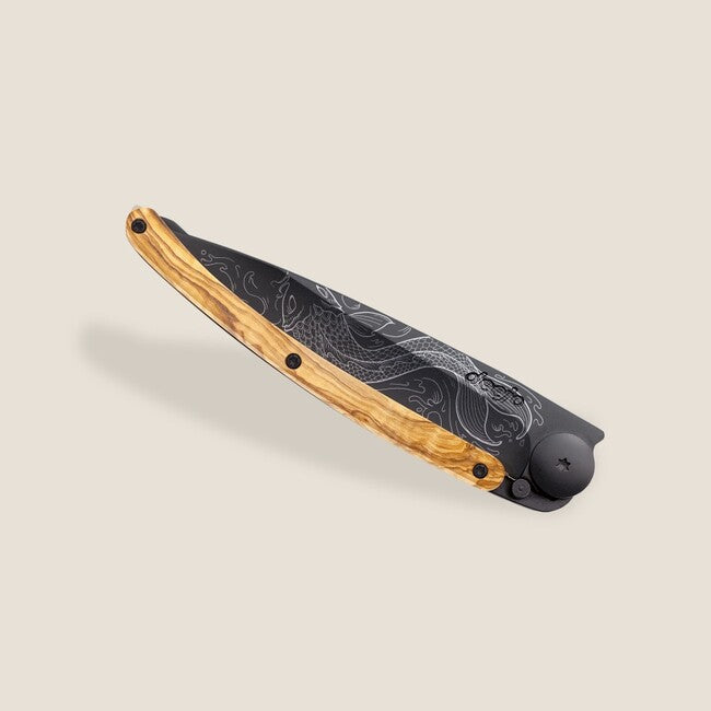 Deejo Tattoo Folding Knife, Black, Olive Wood, Pisces