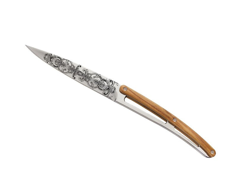Deejo Tattoo Set Klappmesser Steakmesser glänzende Oberfläche Olivenholz Grand Siecle