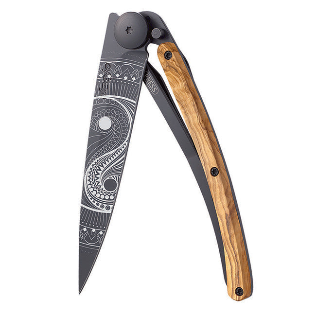 Deejo Tattoo Schließmesser yin yang black olive wood
