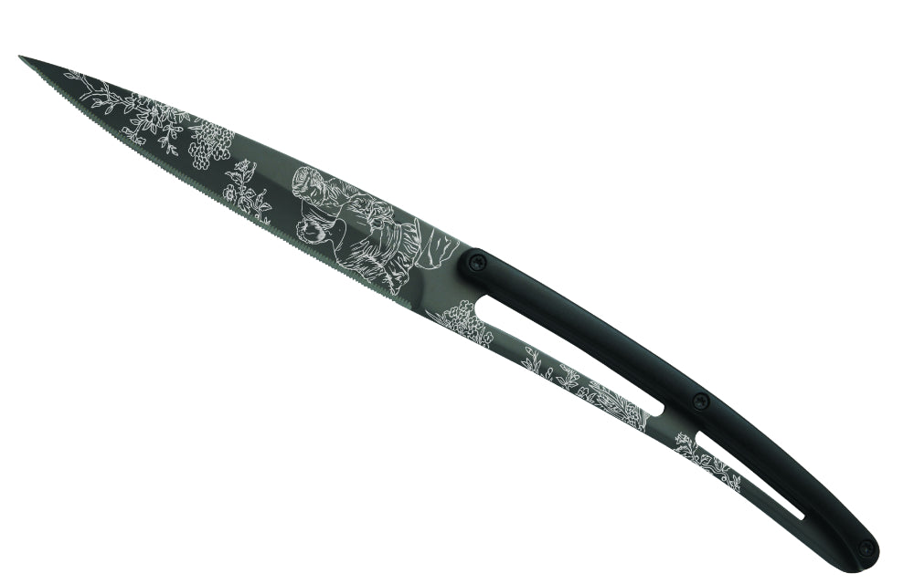 Deejo Set mit 6 Steakmessern, klinge aus schwarzem titan gezackter griff schwarzem abs-design, toile de jouy