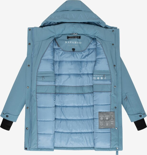 Navahoo FROSTKUSS 14 damen Winterparka mit abnehmbarer Kapuze und Gürtel, powder blue